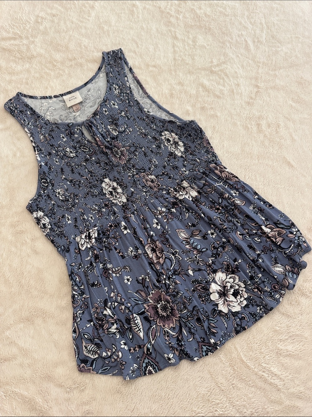 Dusty Blue Floral Smocked Tank